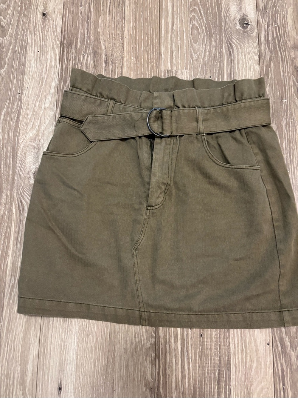 Olive Green Belted Paperbag Waist Skirt